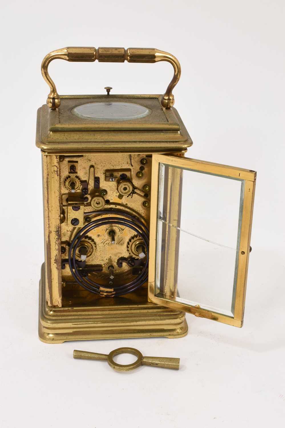 Late 19th century French brass cased carriage clock with alarm mechanism - Image 4 of 10