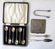 A cased set of six silver coffee spoons - sold with a silver cigarette case. mother-of-pearl handled