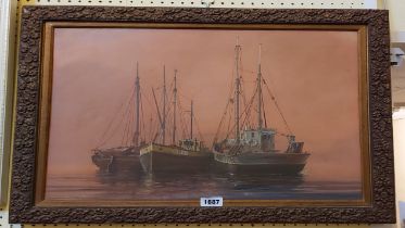 †Peter J. Carter: a framed oil on board, depicting three 'rafting up' Brixham trawlers - signed -