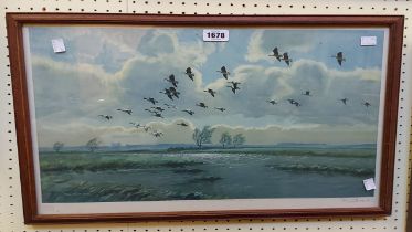 Peter Scott: a framed vintage coloured print, depicting geese in flight - bearing FATG blind stamp