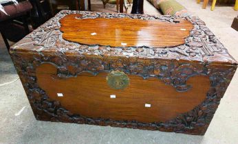 An 87cm 20th Century Oriental camphor wood lift-top linen chest with stylised water lily carved