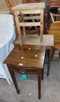 An Edwardian bedside table with single frieze drawer, a small pine tea table and an oak occasional