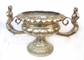 A 49.5cm diameter reproduction silver plated ornate pedestal bowl with large flanking caryatid