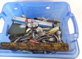 A crate containing a quantity of assorted silver plated and other cutlery