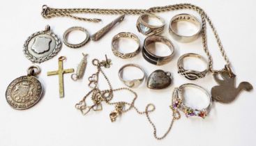 A collection of 925 rings, other white metal jewellery and two English silver fobs