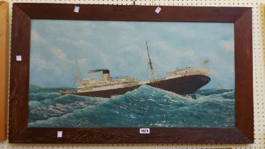 A vintage oak framed oil on board, depicting the steamship 'Baltrover' (from the United Baltic Corp)