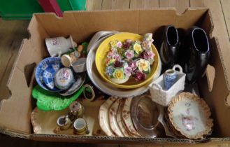 A box containing a quantity of assorted ceramic and glass items including OXO mug, vases, etc.