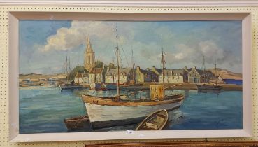Corti: a framed vintage panoramic oil on canvas, depicting a continental lake view with fishing boat