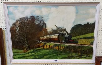 J.O. Dobbs: a framed vintage oil on board, depicting a steam train on the Dart Valley railiway -