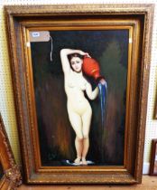 An ornate gilt framed reproduction oil on canvas, depicting a nude female water carrier - 90cm X