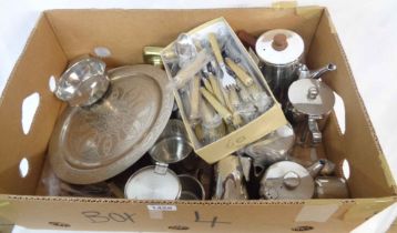A box containing a quantity of silver plated and other items including teaware, cutlery and pair