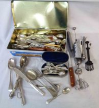 A crate containing a quantity of assorted silver plated and other cutlery, etc.