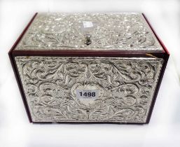 A 25cm modern polished wood jewellery box with ornate marked 925 embossed panels to lid and sides,