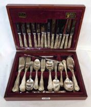 A polished wood canteen containing a part set of House of Fraser silver plated kings pattern