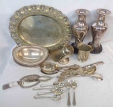 A box containing a quantity of silver plated items including a pair of baluster vases, pedestal