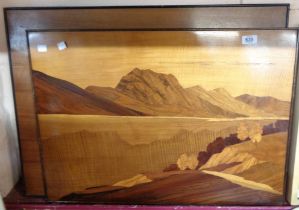 Two vintage marquetry panels, depicting Scottish views