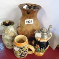 Two studio pottery vases - sold with two pottery stein style mugs