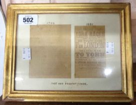 Two framed newspaper cutouts both related to York, one dated 1706, the other 1861, with