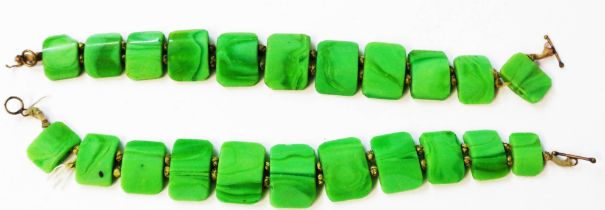 A pair of vintage Burmese pale green malachite panel-link bracelets