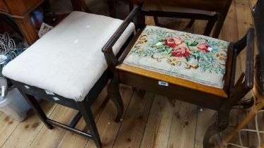 An Edwardian stained walnut locker piano stool with remains of tapestry upholstery - sold with a