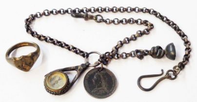 An antique tarnished white metal watch chain, set with a Masonic calipers pattern fob compass, small