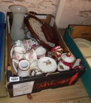 A box containing a quantity of assorted ceramics and glassware including Paragon cups and saucers,