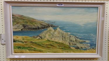 Renee Keast: a framed vintage oil on board entitled 'The Peak, Polperro' - signed and with label