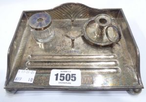 A small silver inkstand with associated silver taper chamberstick and silver plated topped cut glass