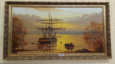 Gordon Allen: an ornate gilt framed oil on canvas, depicting a three masted sailing vessel moored in