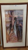†John Scarland: a framed watercolour, depicting a stylised image of the crucifixion - 72cm X