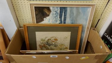A box containing two original oil paintings, two prints and a folio containing unframed