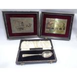 Two small framed hallmarked silver Shire horse picture plaques - sold with a cased silver teaspoon
