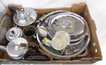 A box containing a quantity of silver plated items including teaware, entree dish, etc.