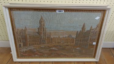 Three matching framed Belgian machine tapestry picture panels, all depicting architectural studies