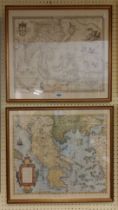 Two gilt framed reproduction antique map prints, depicting India and Greece