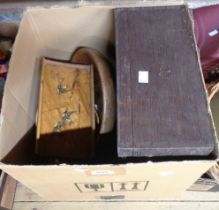 A box containing a quantity of pewter mugs and wooden boxes