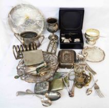 A box containing a quantity of silver plated and other items including boxed cruet set, toast racks,