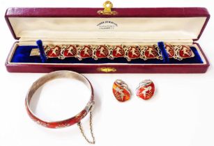 A cased 'Siam Sterling' red enamelled panel-link bracelet and pair of earrings, all with deity