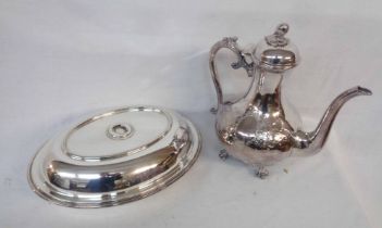 An ornate silver plated coffee pot - sold with a plain entree dish