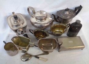 A box containing a quantity of silver plated items including late Victorian leather clad hip