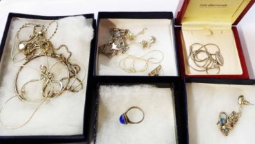 A bag containing silver and white metal jewellery including necklaces, bangle, ring, bracelet,