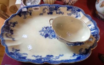 A blue and white transfer printed meat plate - sold with a similar tureen (no lid)