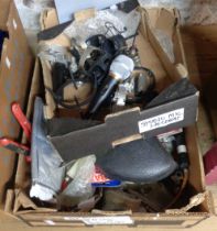 A box containing a quantity of cycling accessories including saddle, pumps, etc. - sold with a box