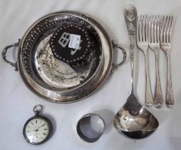 A damaged silver napkin ring and 935 cased back wind lever pocket watch - sold with several pieces