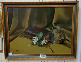 †Appleby: a parcel gilt framed oil on board still life with book, pewter tankard and flowering