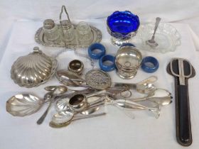 A box containing a quantity of assorted silver plated items including cruet stand, pedestal bowl,