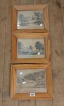 Three matching pine framed vintage monochrome engravings, depicting named views around Newton Abbot
