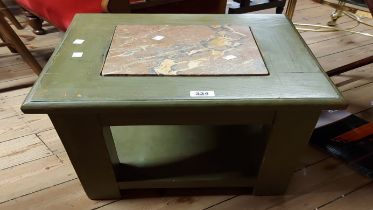A 40cm modern green painted wood two tier tea table with marbled inset top, set on simple square