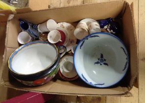 A box containing assorted ceramic items including Adderleys Pomona chamber pot, etc.