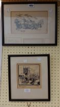 Stuart E. McMillan: two ebonised framed pen and ink drawings, both depicting named views at Leek